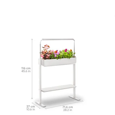 Gourmet micropousses 1X + tablette - Blanc - de profil - 8 emplacements - avec dimensions Gourmet micropousses 1X + tablette - Blanc - de profil - 8 emplacements - avec dimensions