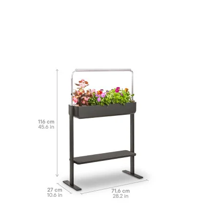 Gourmet 1X + tablet for microgreens - Graphite - Side view - 8 plant slots - with dimensions Gourmet 1X + tablet for microgreens - Graphite - Side view - 8 plant slots - with dimensions
