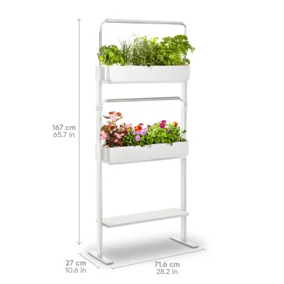 Gourmet micropousses 2X + tablette - Blanc - de profil - 16 emplacements - avec dimensions Gourmet micropousses 2X + tablette - Blanc - de profil - 16 emplacements - avec dimensions
