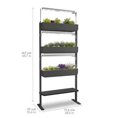Gourmet 3X + tablet for microgreens - Graphite - Side view - 24 plant slots - with dimensions Gourmet 3X + tablet for microgreens - Graphite - Side view - 24 plant slots - with dimensions