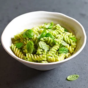 Fusilli au pesto de pistaches, salade verte