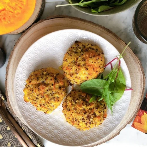 Recette simple de galette de quinoa et de potimarron à la ciboulette, mâche