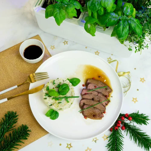 Risotto de ciboulette accompagné de son canard mariné au sirop d'érable 